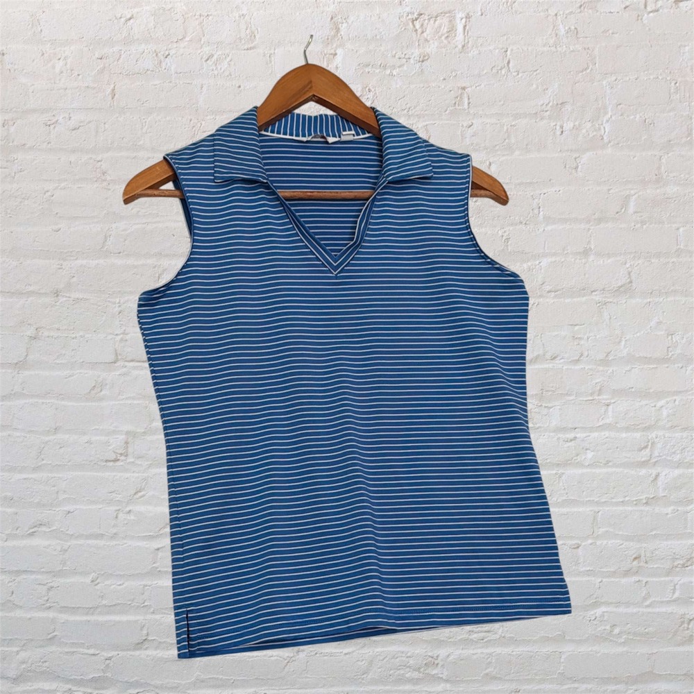 Lady Hagen Essentials Blue White Striped Sleeveless Golf Polo Shirt Womens Small